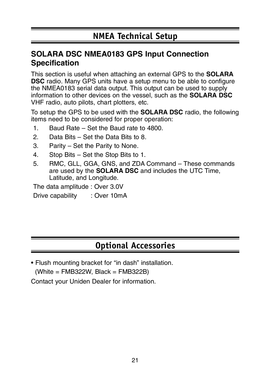 Uniden DSC BK manual Nmea Technical Setup, Optional Accessories, Solara DSC NMEA0183 GPS Input Connection Specification 