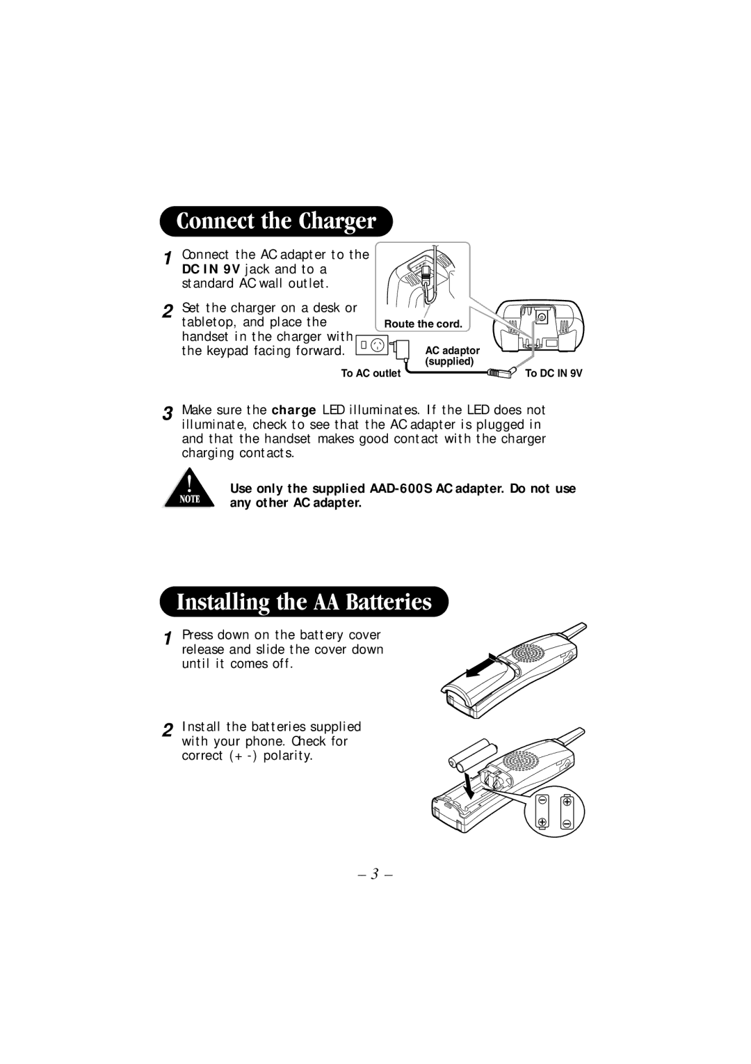 Uniden DSS 2405 manual Connect the Charger, Installing the AA Batteries 