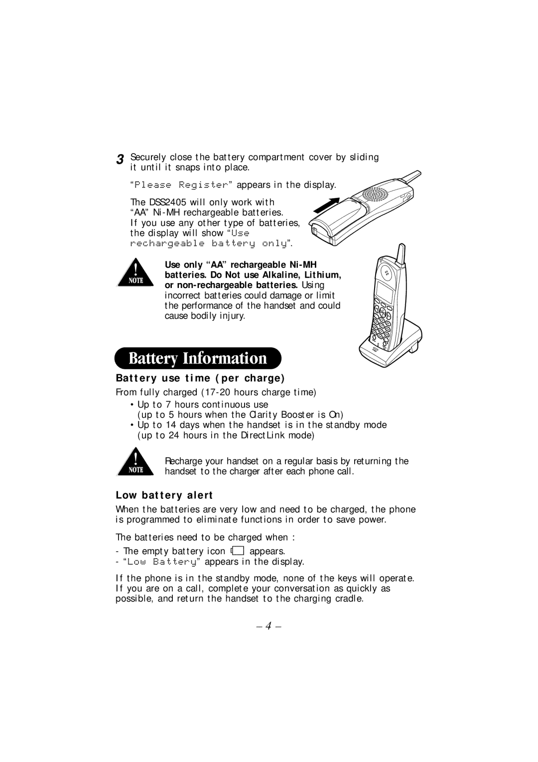 Uniden DSS 2405 manual Battery Information, Battery use time per charge, Low battery alert 