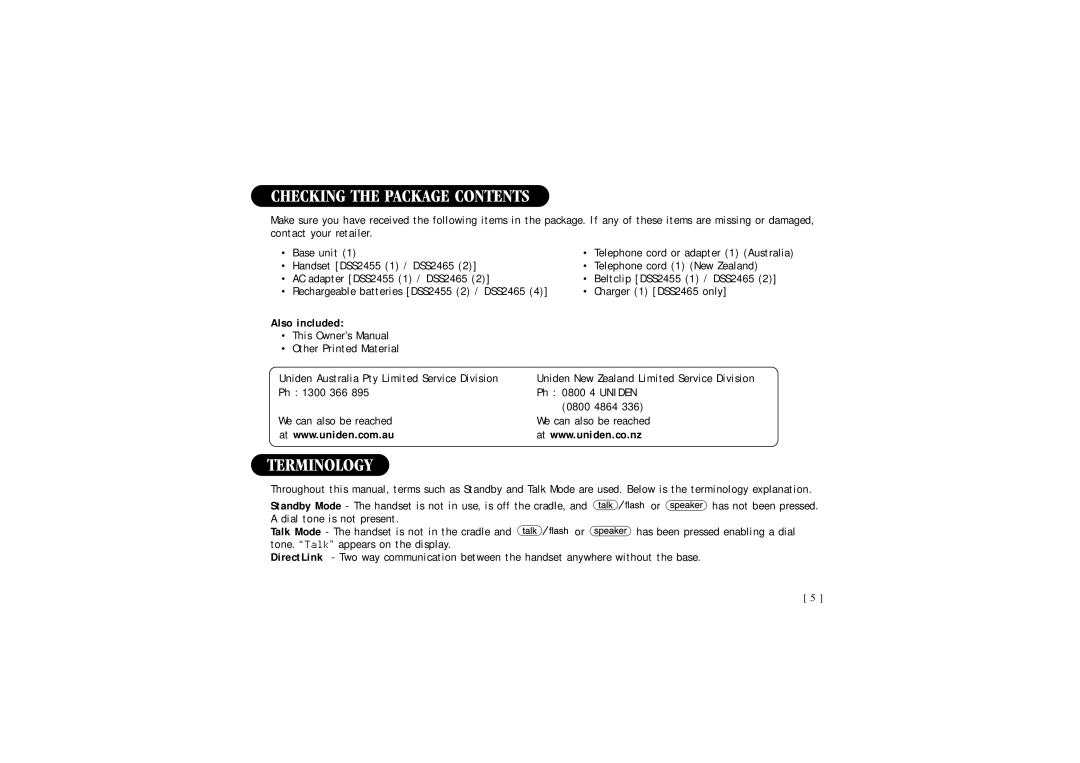 Uniden 2465, DSS 2455 quick start Checking the Package Contents, Terminology 