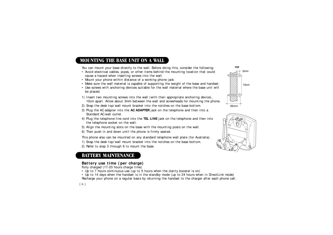 Uniden DSS 2455, 2465 quick start Mounting the Base Unit on a Wall, Battery Maintenance, Battery use time per charge 