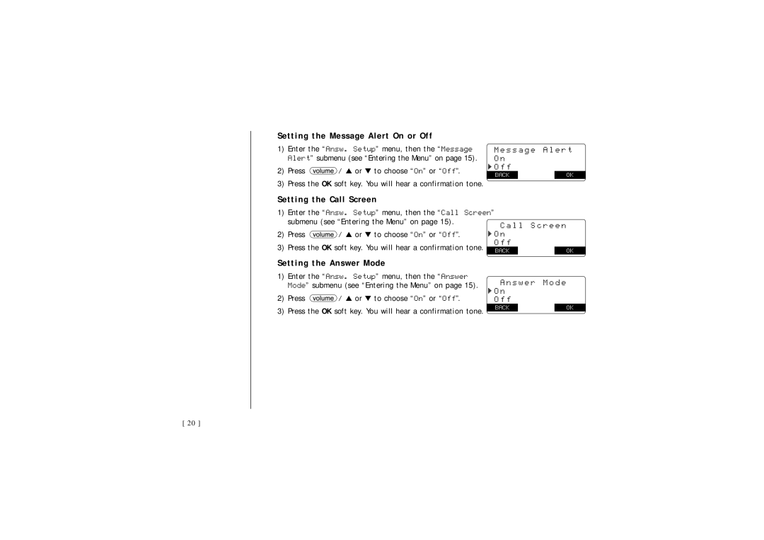 Uniden DSS 2455, 2465 quick start Setting the Message Alert On or Off, Setting the Call Screen, Setting the Answer Mode 