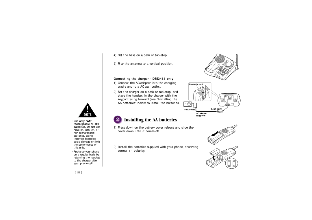 Uniden DSS 2455 quick start Installing the AA batteries, Connecting the charger DSS2465 only 