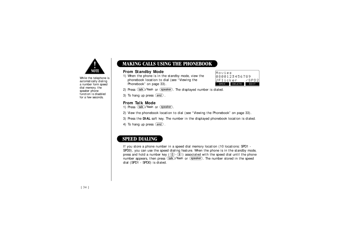 Uniden DSS 2455, 2465 quick start Making Calls Using the Phonebook, Speed Dialing, From Standby Mode, From Talk Mode 