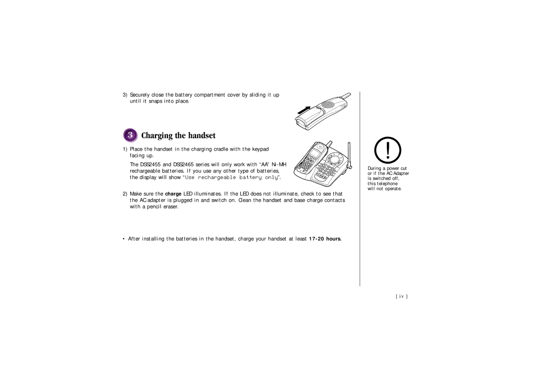 Uniden 2465, DSS 2455 quick start Charging the handset 