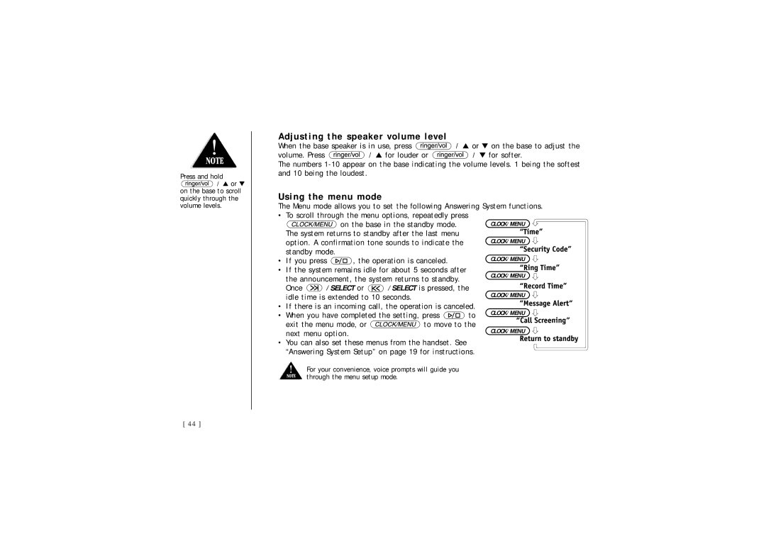 Uniden DSS 2455, 2465 quick start Adjusting the speaker volume level, Using the menu mode 