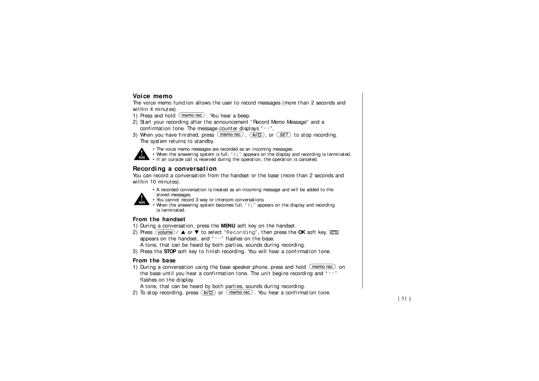 Uniden 2465, DSS 2455 quick start Voice memo, Recording a conversation, From the handset, From the base 