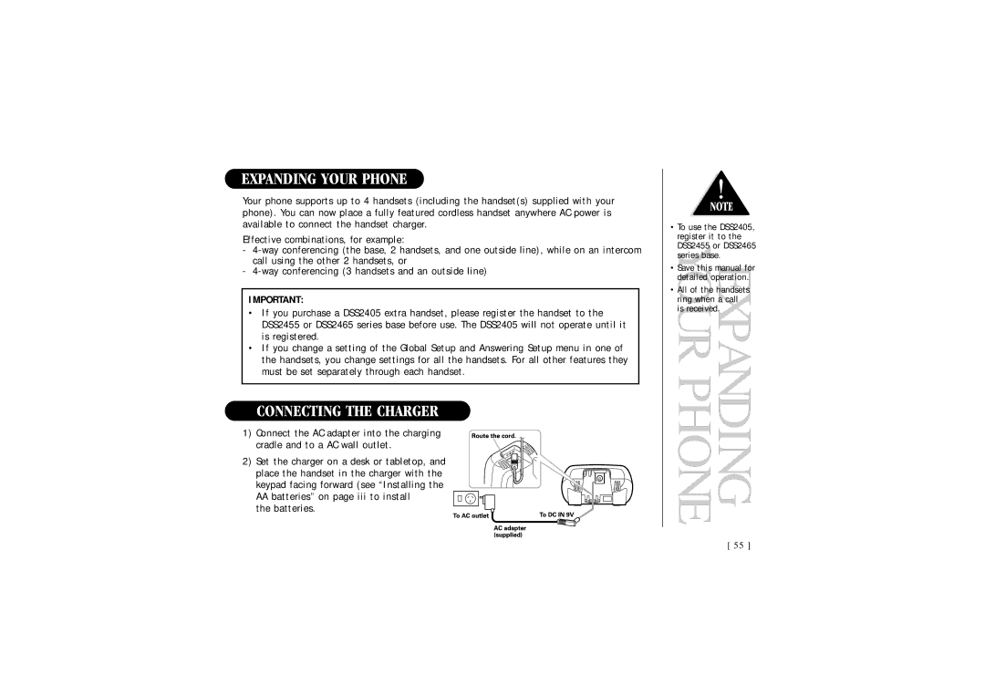 Uniden 2465, DSS 2455 quick start Expanding Your Phone, Connecting the Charger, Batteries 