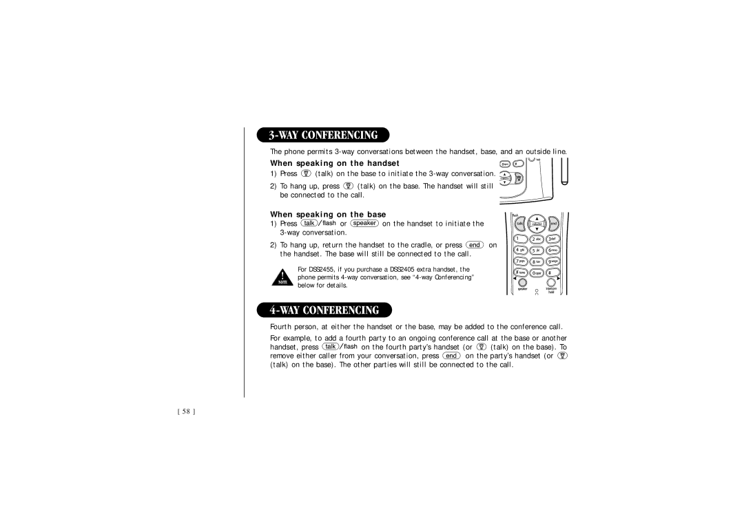 Uniden DSS 2455, 2465 quick start WAY Conferencing, When speaking on the handset, When speaking on the base 