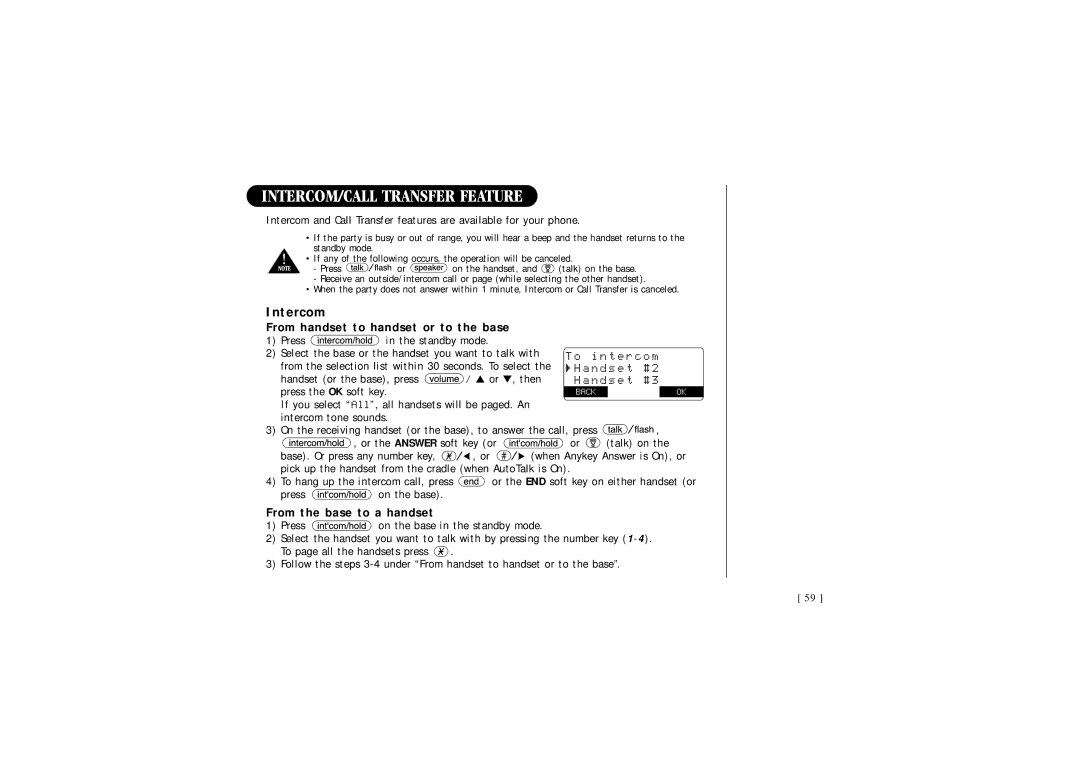 Uniden 2465, DSS 2455 INTERCOM/CALL Transfer Feature, Intercom, From handset to handset or to the base, I n t e r c o m 