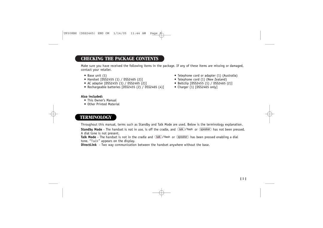 Uniden DSS2465, DSS 2455 quick start Checking the Package Contents, Terminology 