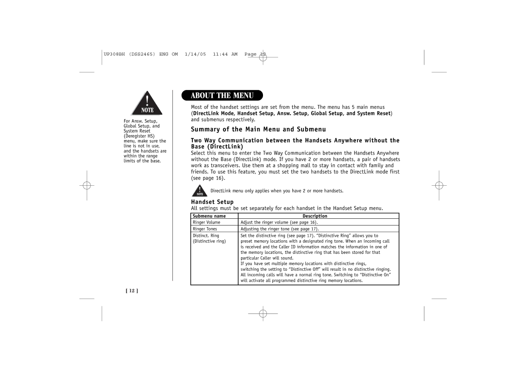 Uniden DSS 2455, DSS2465 quick start About the Menu, Summary of the Main Menu and Submenu, Handset Setup 