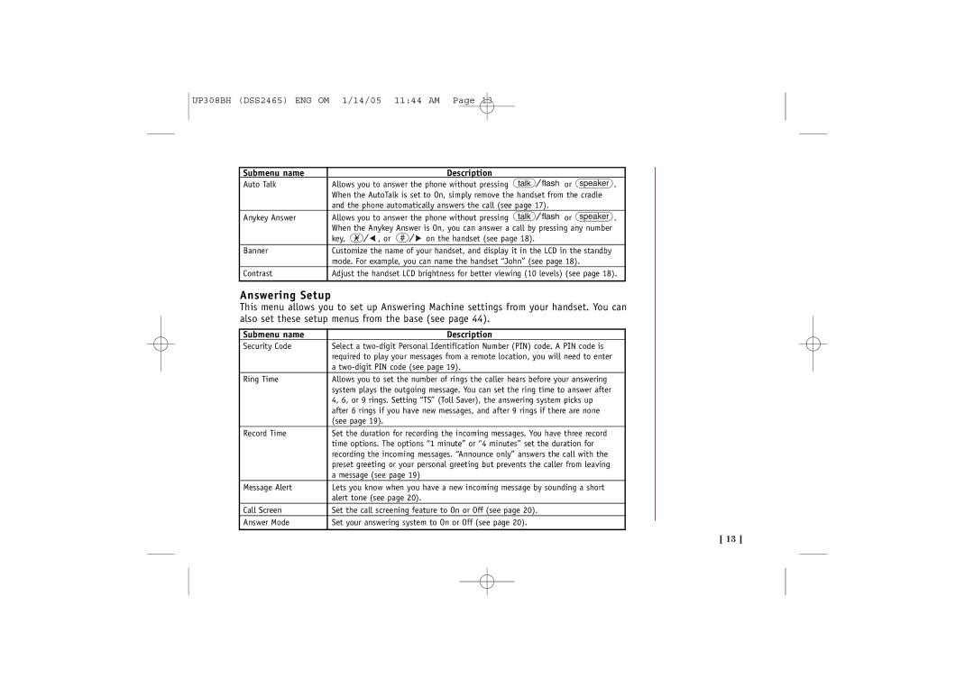 Uniden DSS2465, DSS 2455 quick start Answering Setup, Auto Talk 