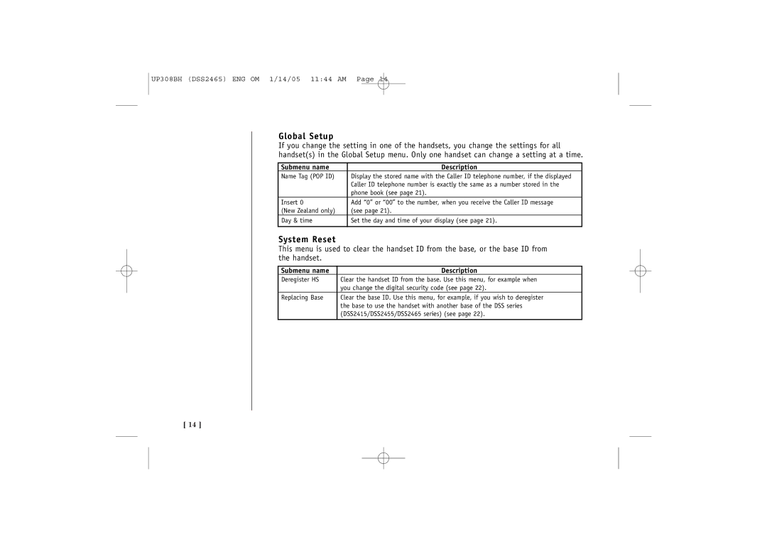 Uniden DSS 2455, DSS2465 quick start Global Setup, System Reset 