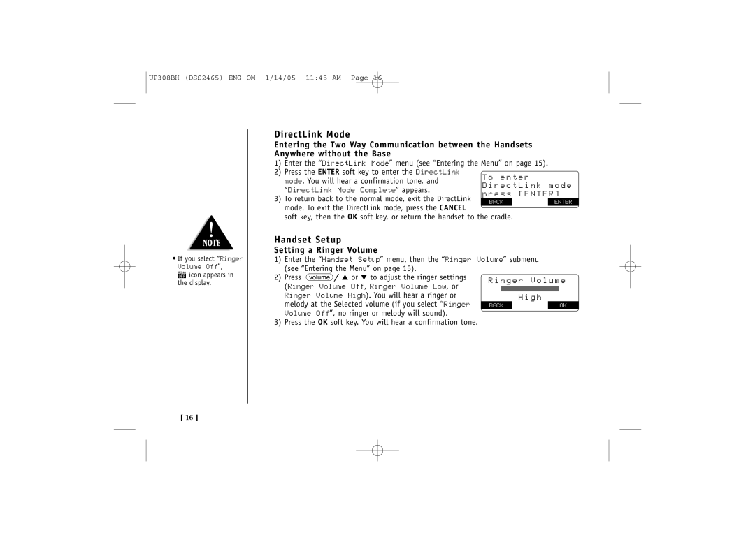 Uniden DSS 2455, DSS2465 quick start DirectLink Mode, Handset Setup, Setting a Ringer Volume 