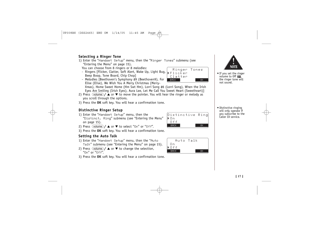 Uniden DSS2465, DSS 2455 quick start Selecting a Ringer Tone, Distinctive Ringer Setup, Setting the Auto Talk 