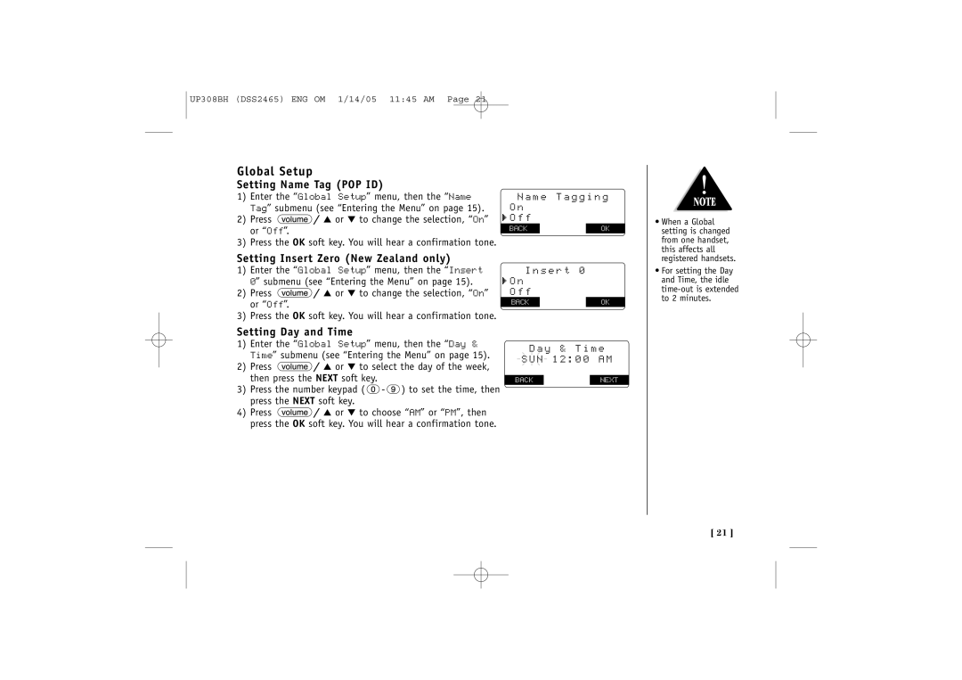 Uniden DSS2465, DSS 2455 Global Setup, Setting Name Tag POP ID, Setting Insert Zero New Zealand only, Setting Day and Time 