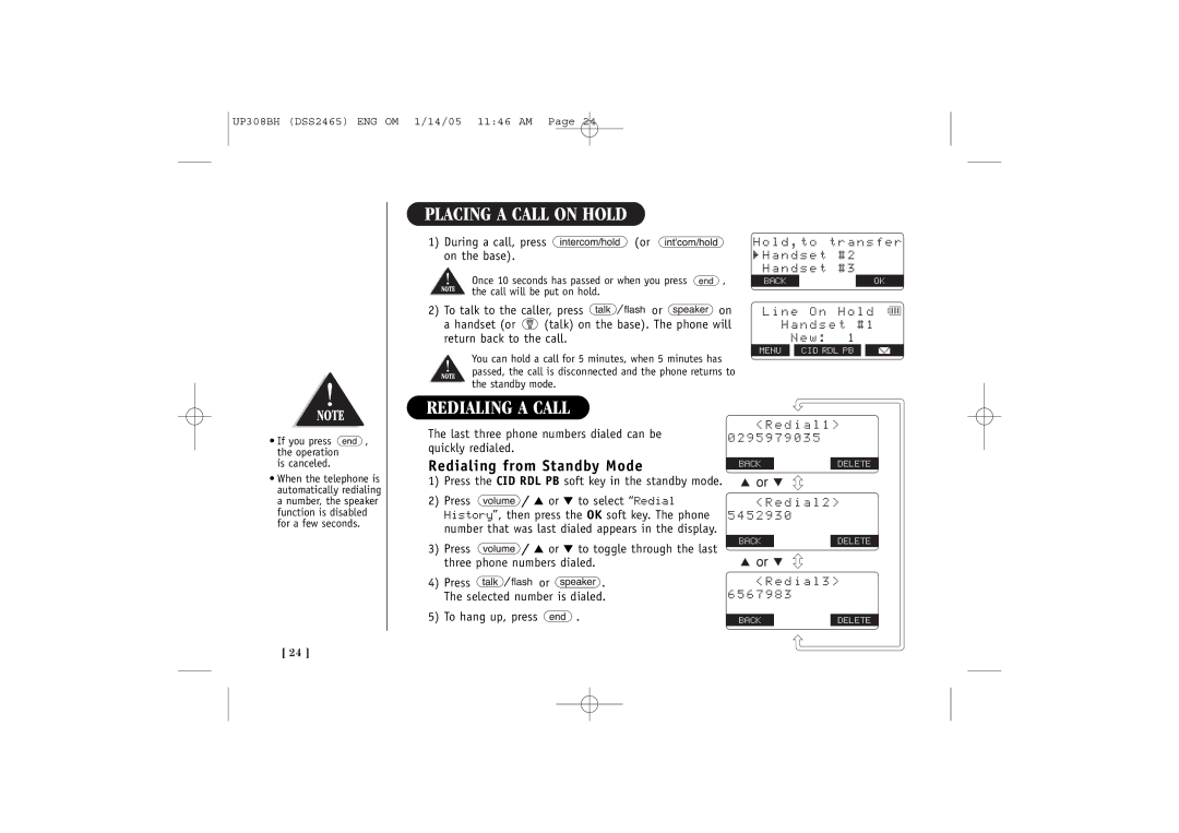 Uniden DSS 2455, DSS2465 quick start Placing a Call on Hold, Redialing a Call, Redialing from Standby Mode 