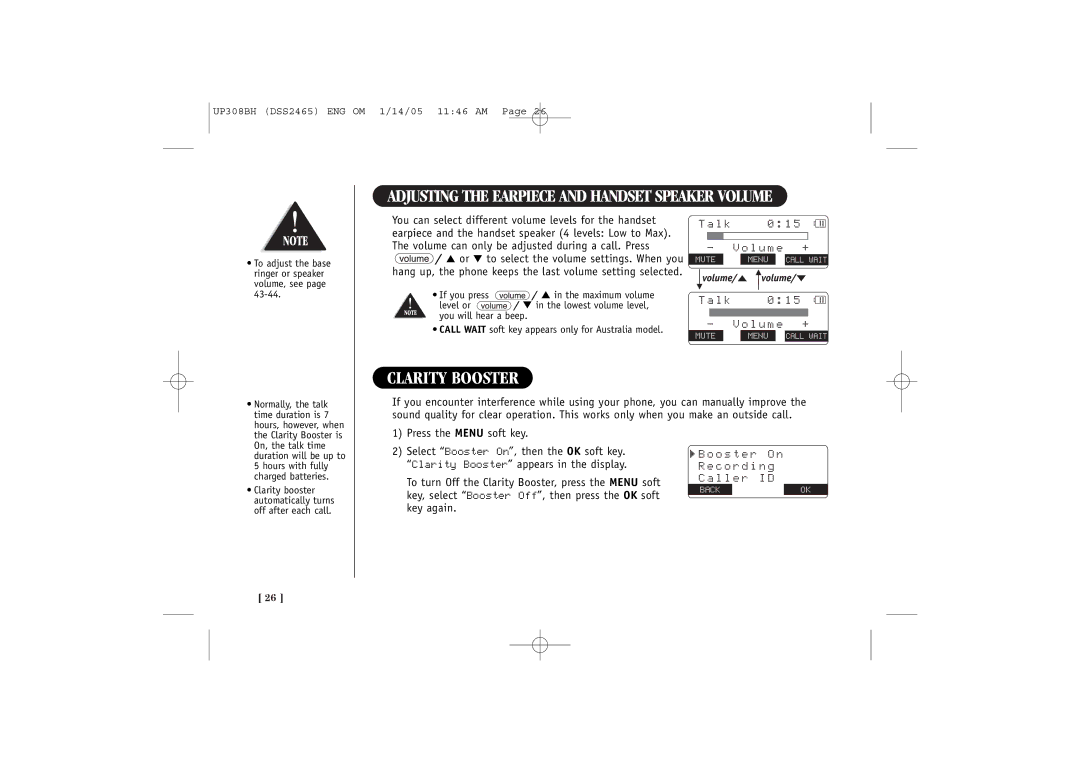 Uniden DSS 2455 Adjusting the Earpiece and Handset Speaker Volume, Clarity Booster, L k, O s t e r C o r d i n g L l e r 