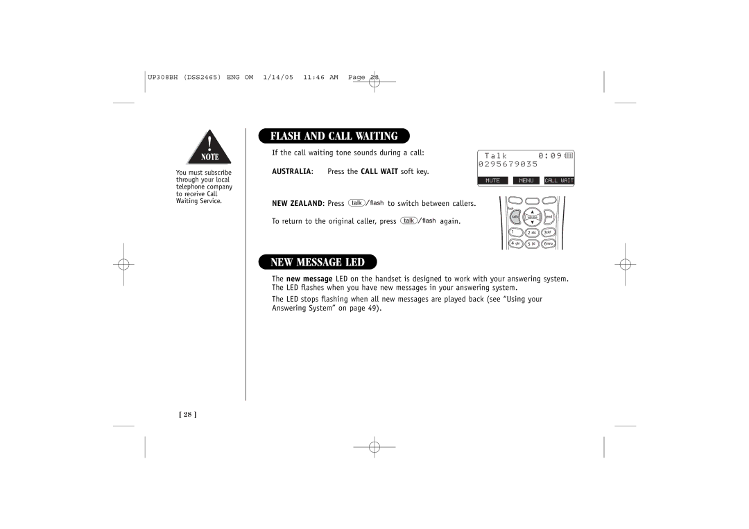 Uniden DSS 2455 Flash and Call Waiting, NEW Message LED, 9 5 6 7 9 0 3, If the call waiting tone sounds during a call 