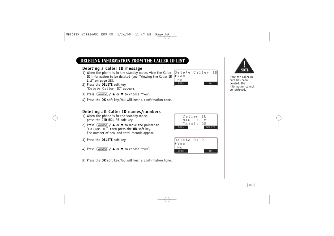 Uniden DSS2465, DSS 2455 Deleting a Caller ID message, Deleting all Caller ID names/numbers, L e t e C a l l e r I D Y e s 