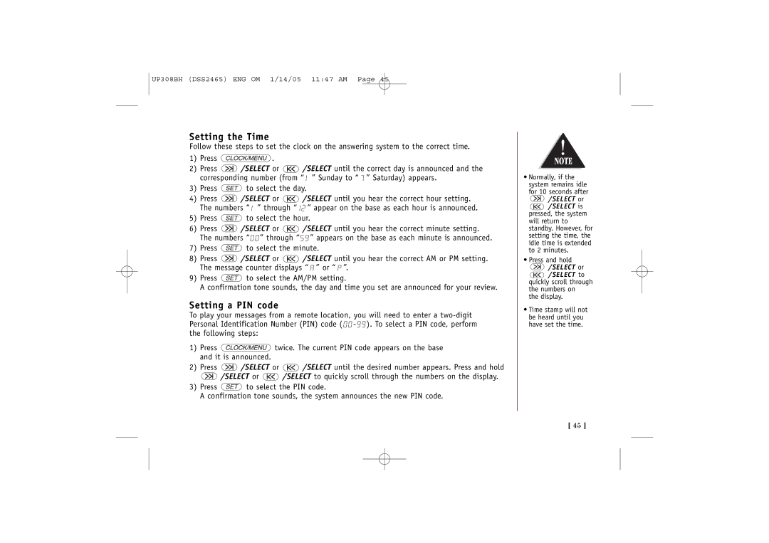 Uniden DSS2465, DSS 2455 quick start Setting the Time, Setting a PIN code, Press to select the hour 