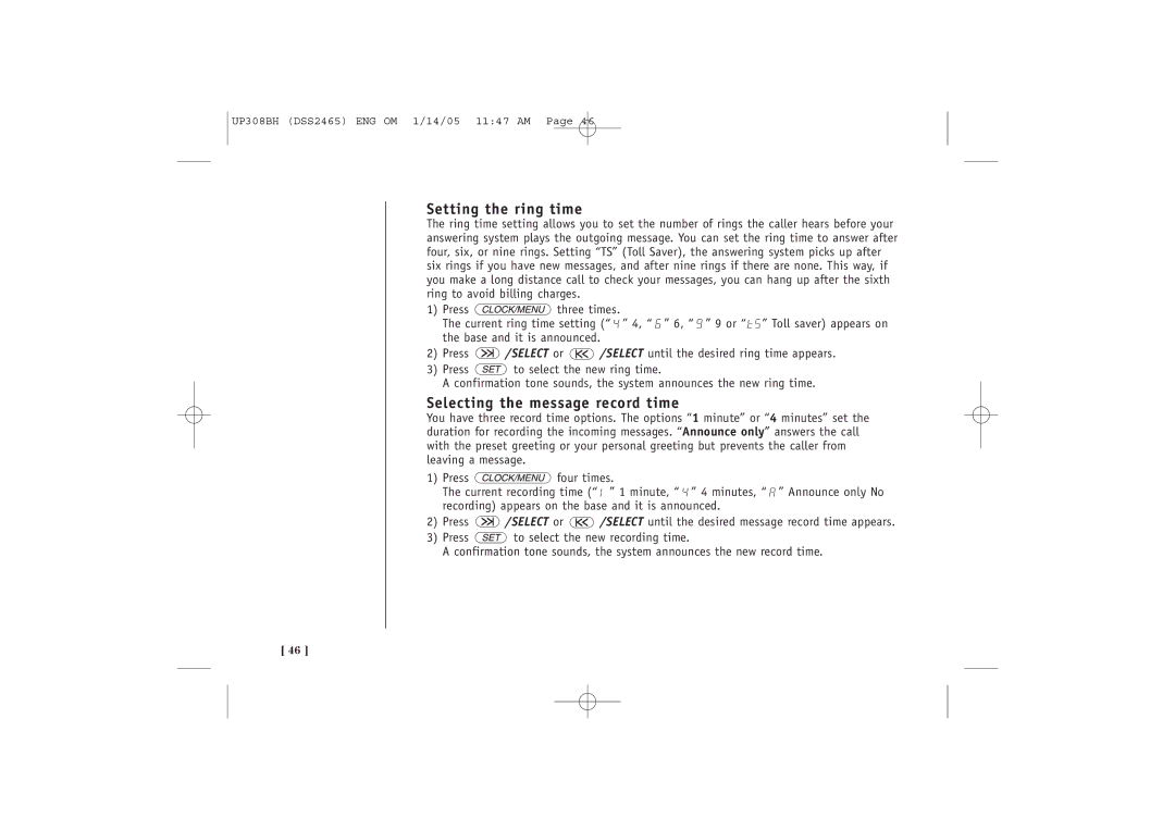 Uniden DSS 2455, DSS2465 quick start Setting the ring time, Selecting the message record time 