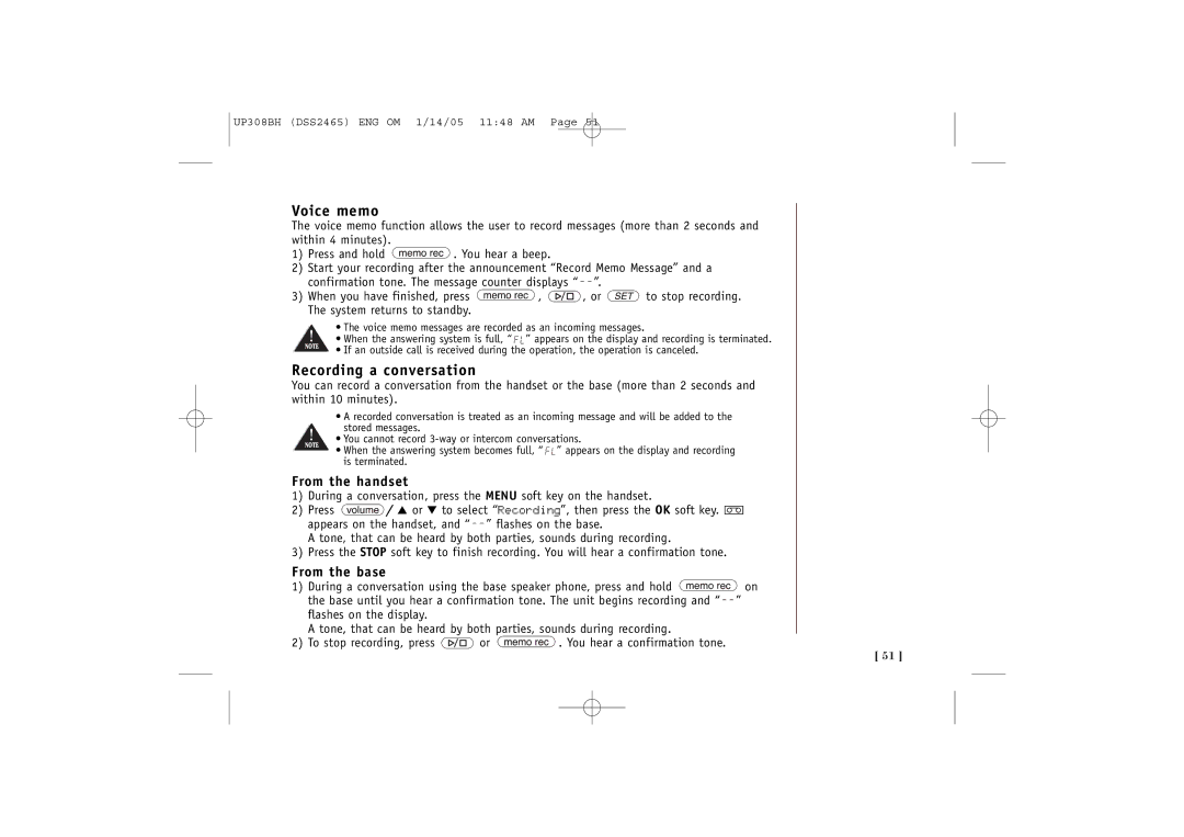 Uniden DSS2465, DSS 2455 quick start Voice memo, Recording a conversation, From the handset, From the base 