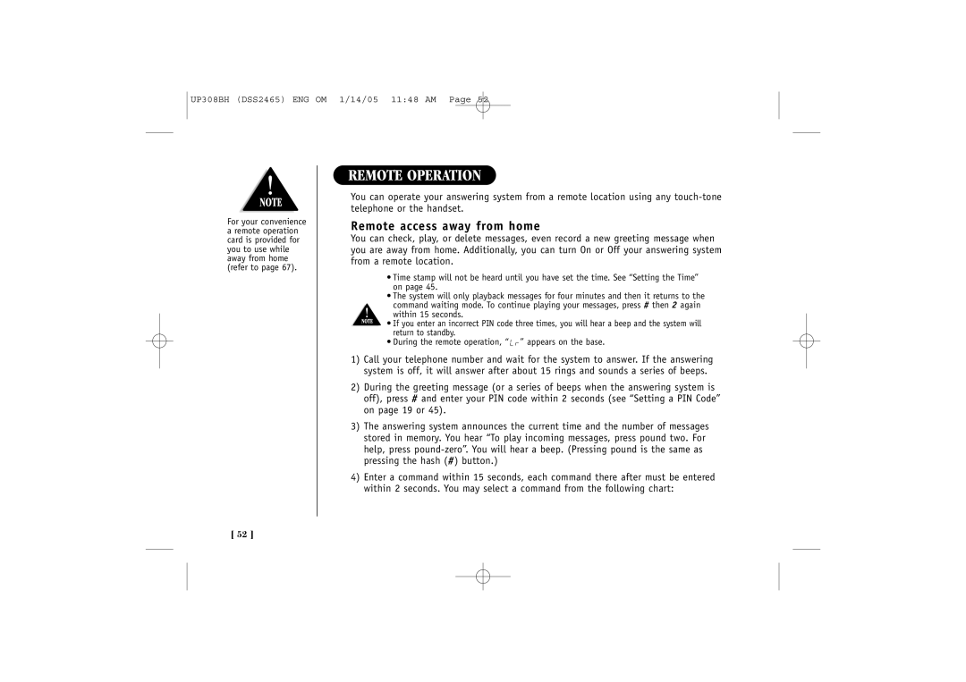 Uniden DSS 2455, DSS2465 quick start Remote Operation, Remote access away from home 