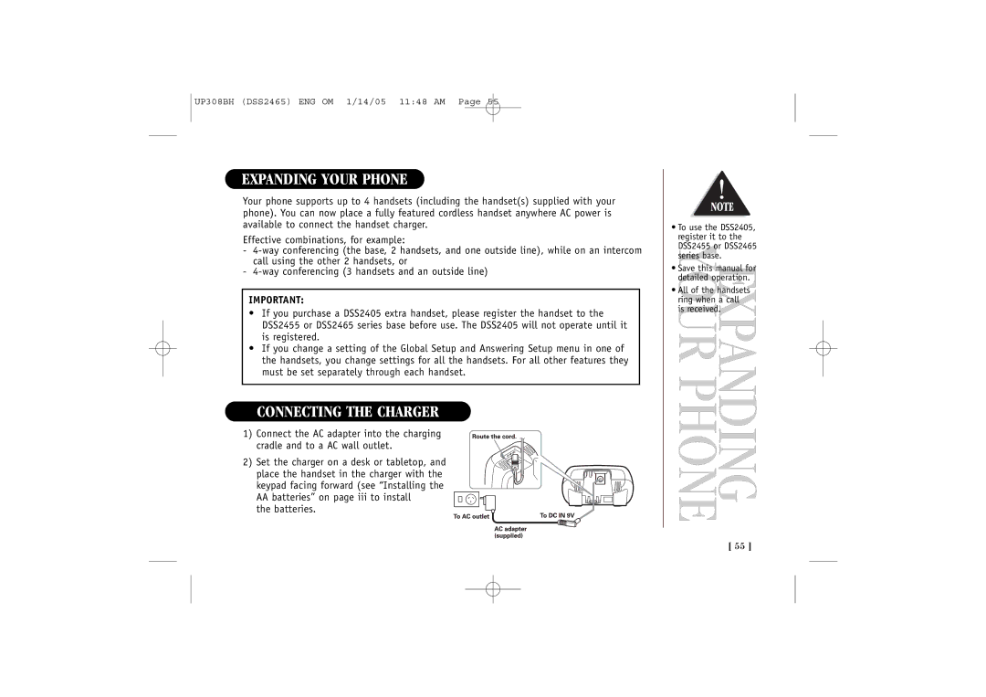 Uniden DSS2465, DSS 2455 quick start Expanding Your Phone, Connecting the Charger, Batteries 