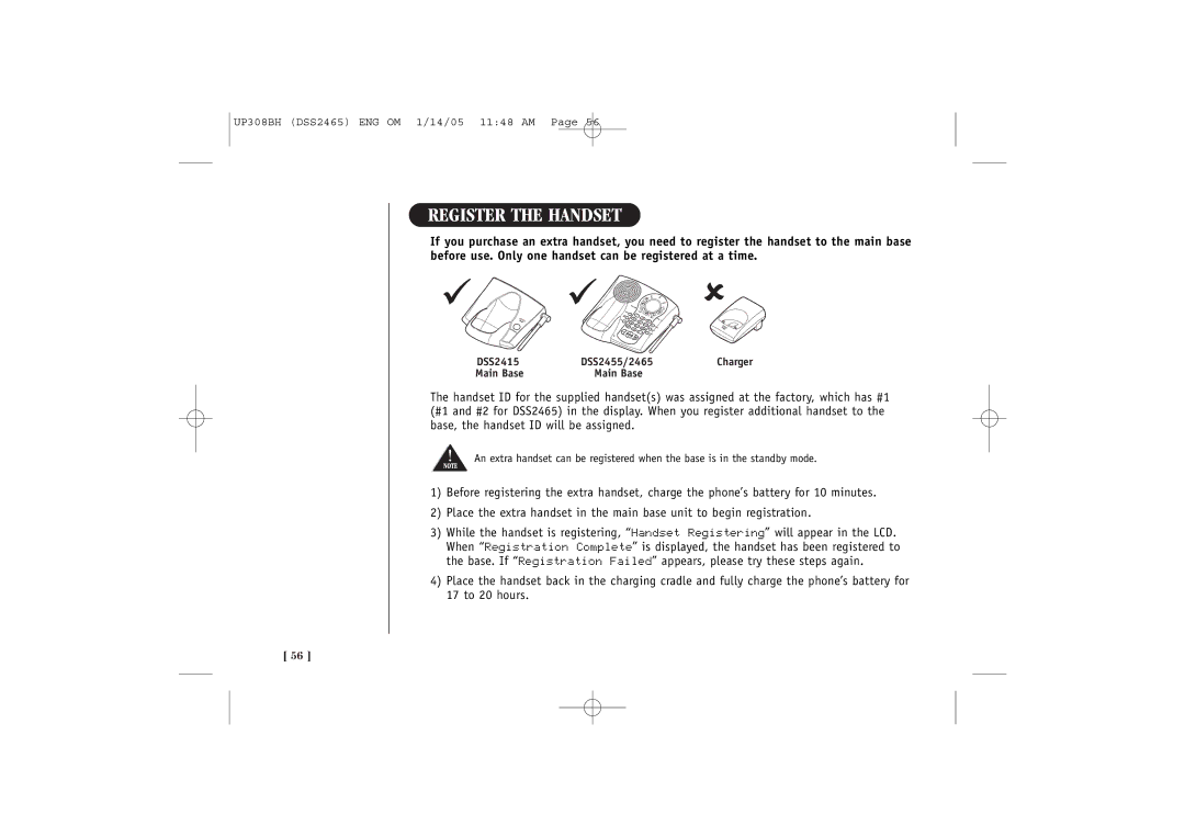 Uniden DSS 2455, DSS2465 quick start Register the Handset 