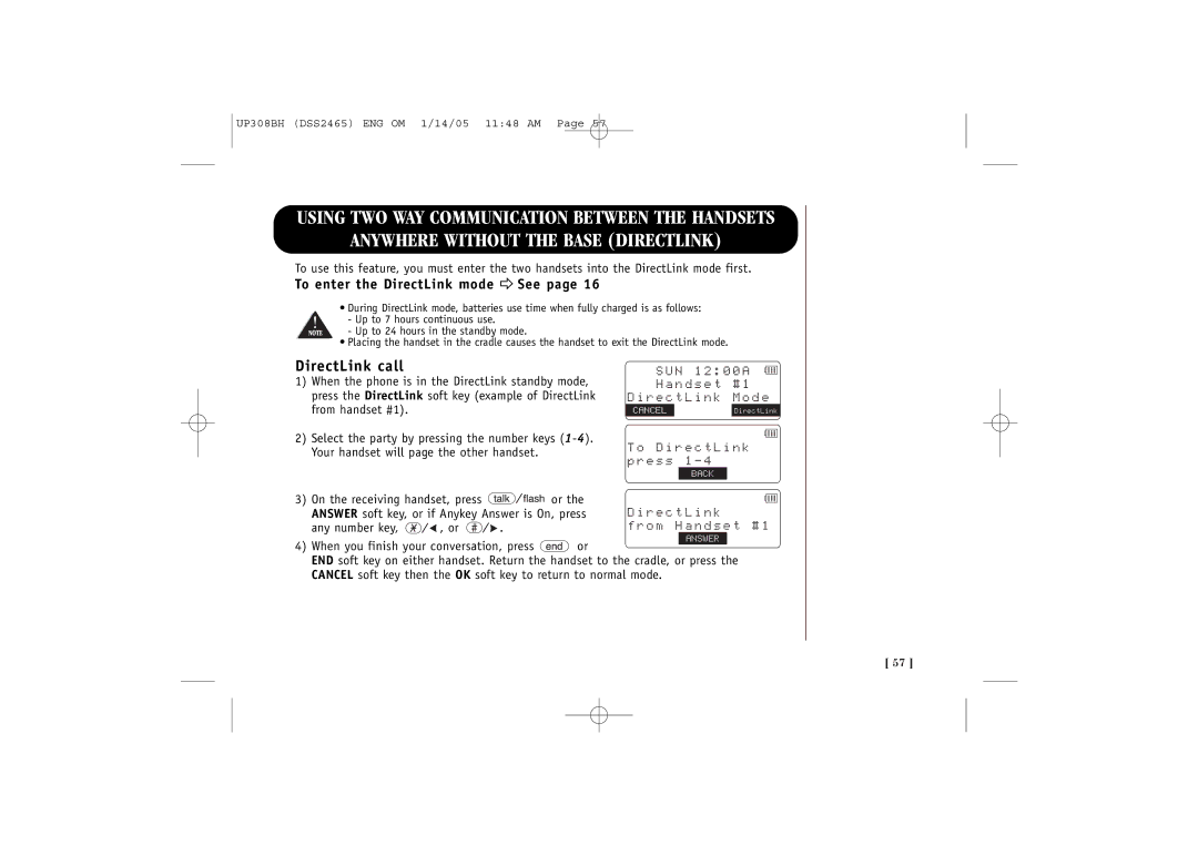 Uniden DSS2465, DSS 2455 quick start DirectLink call, To enter the DirectLink mode e See 