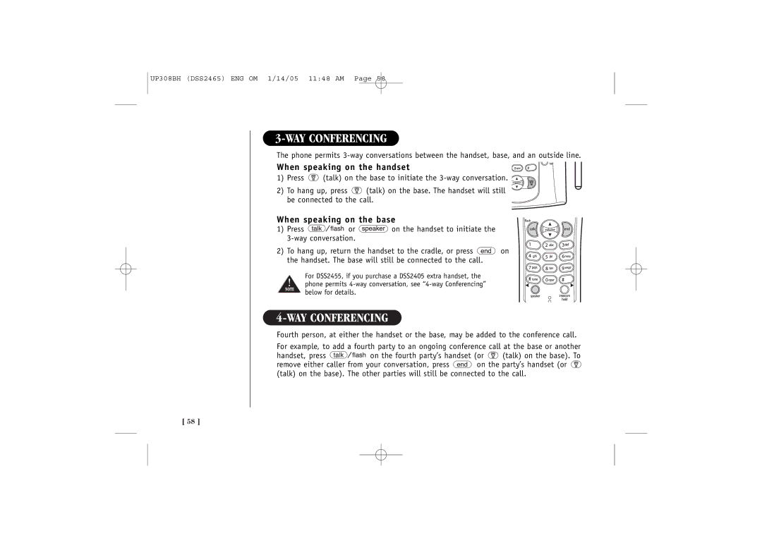 Uniden DSS 2455, DSS2465 quick start WAY Conferencing, When speaking on the handset, When speaking on the base 