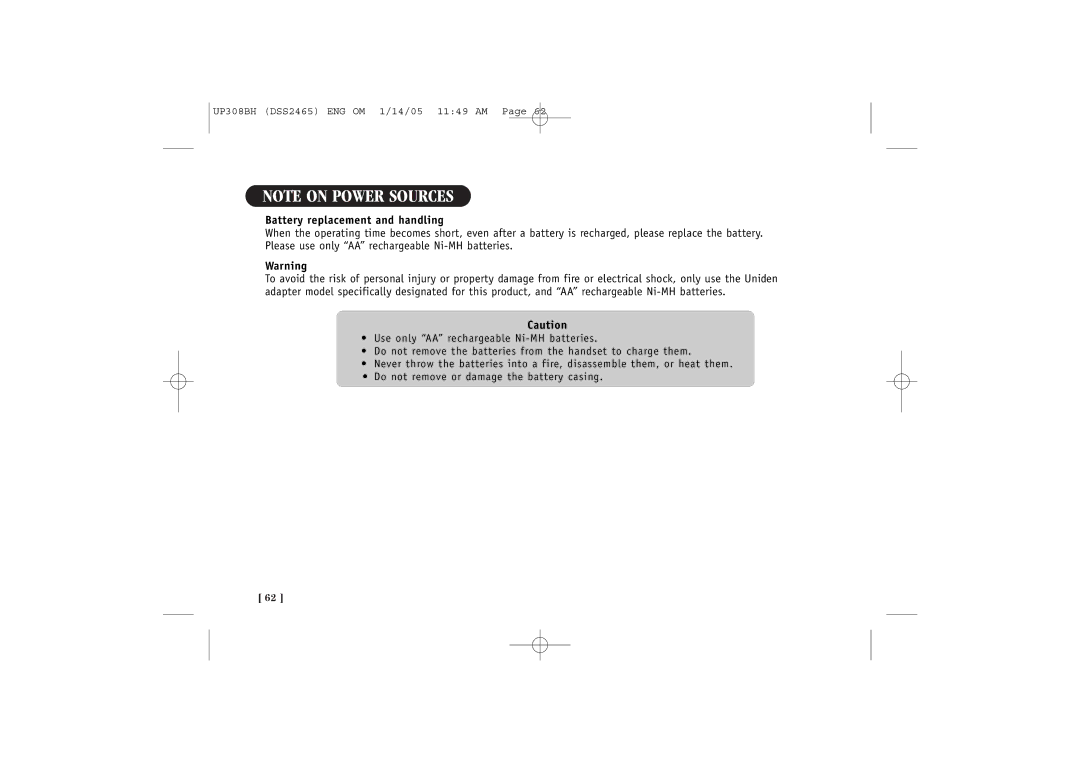 Uniden DSS 2455, DSS2465 quick start Battery replacement and handling 