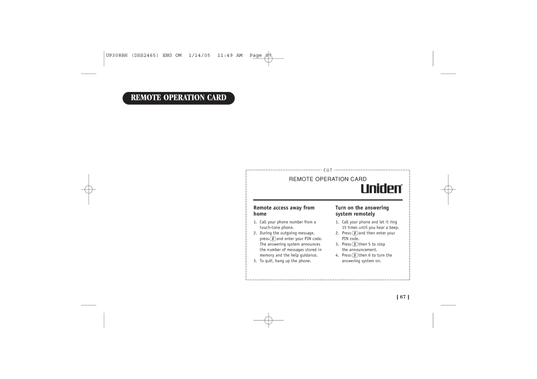 Uniden DSS2465, DSS 2455 quick start Remote Operation Card, Remote access away from home 