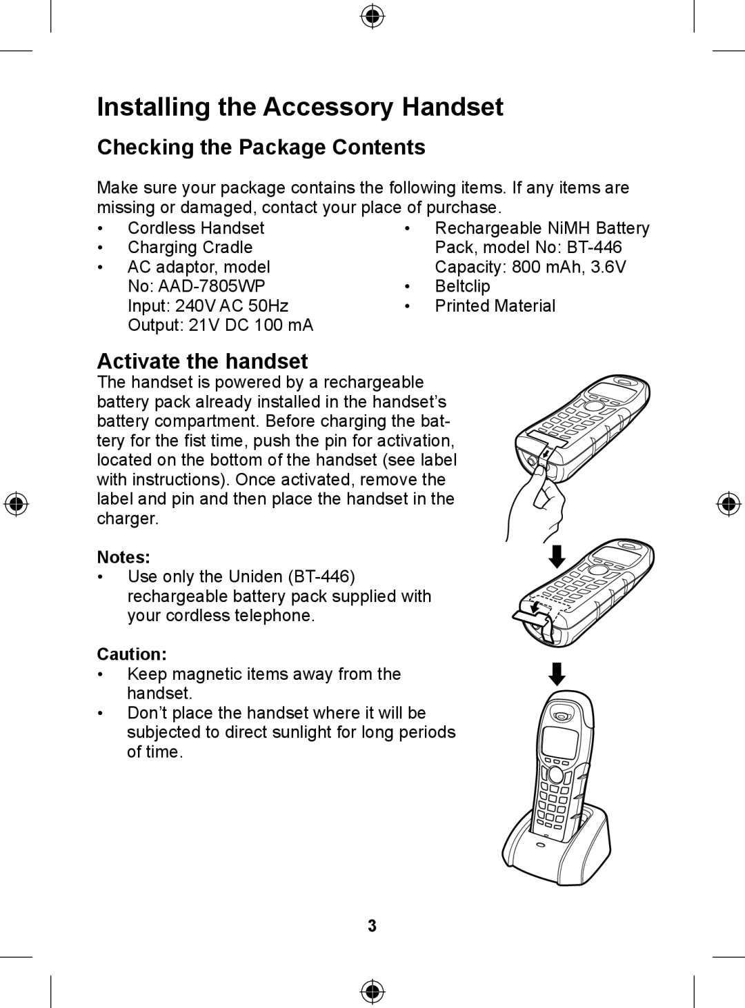 Uniden DSS 7805WP manual Checking the Package Contents, Activate the handset 