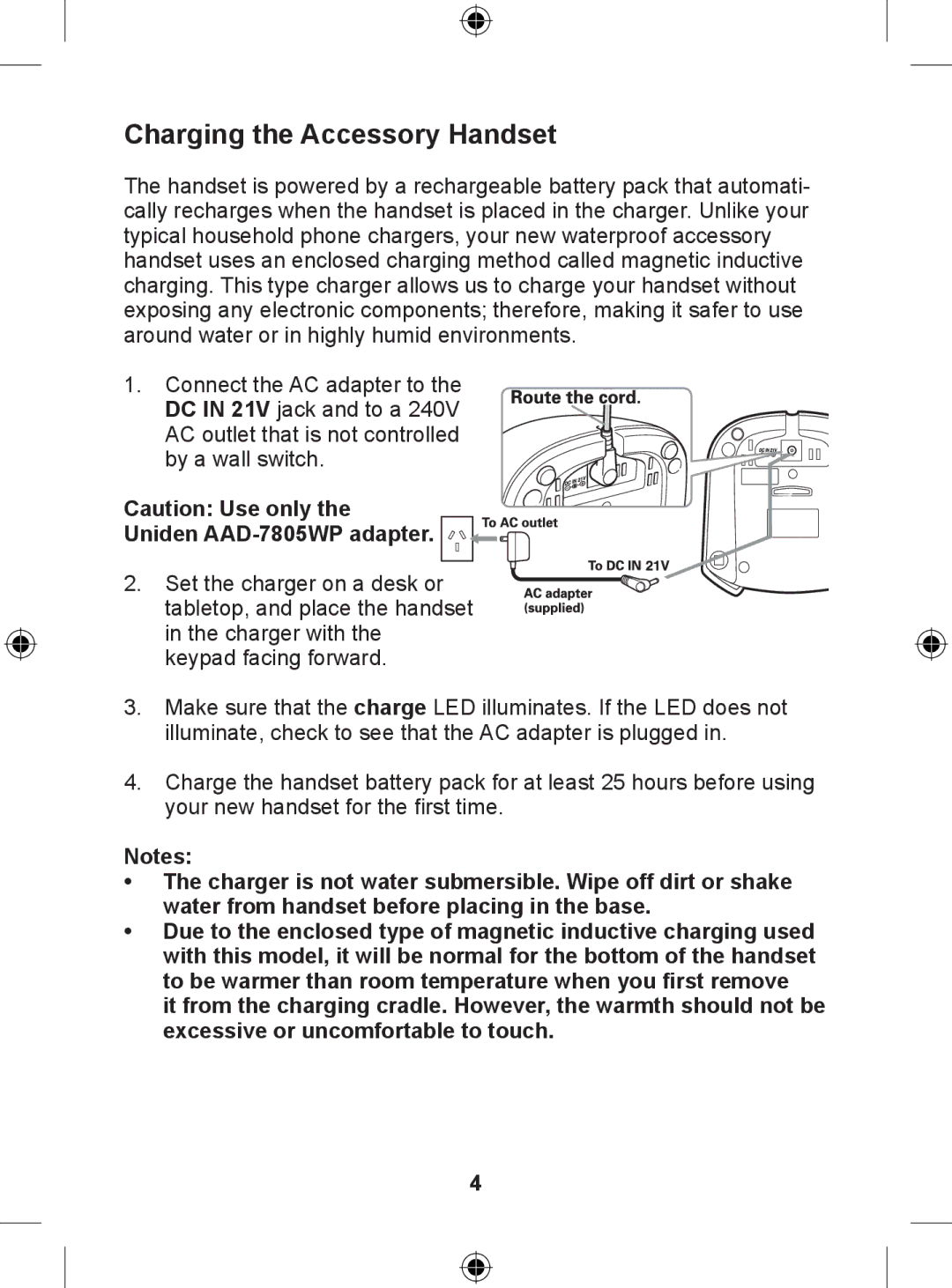 Uniden DSS 7805WP manual Charging the Accessory Handset, Uniden AAD-7805WP adapter 