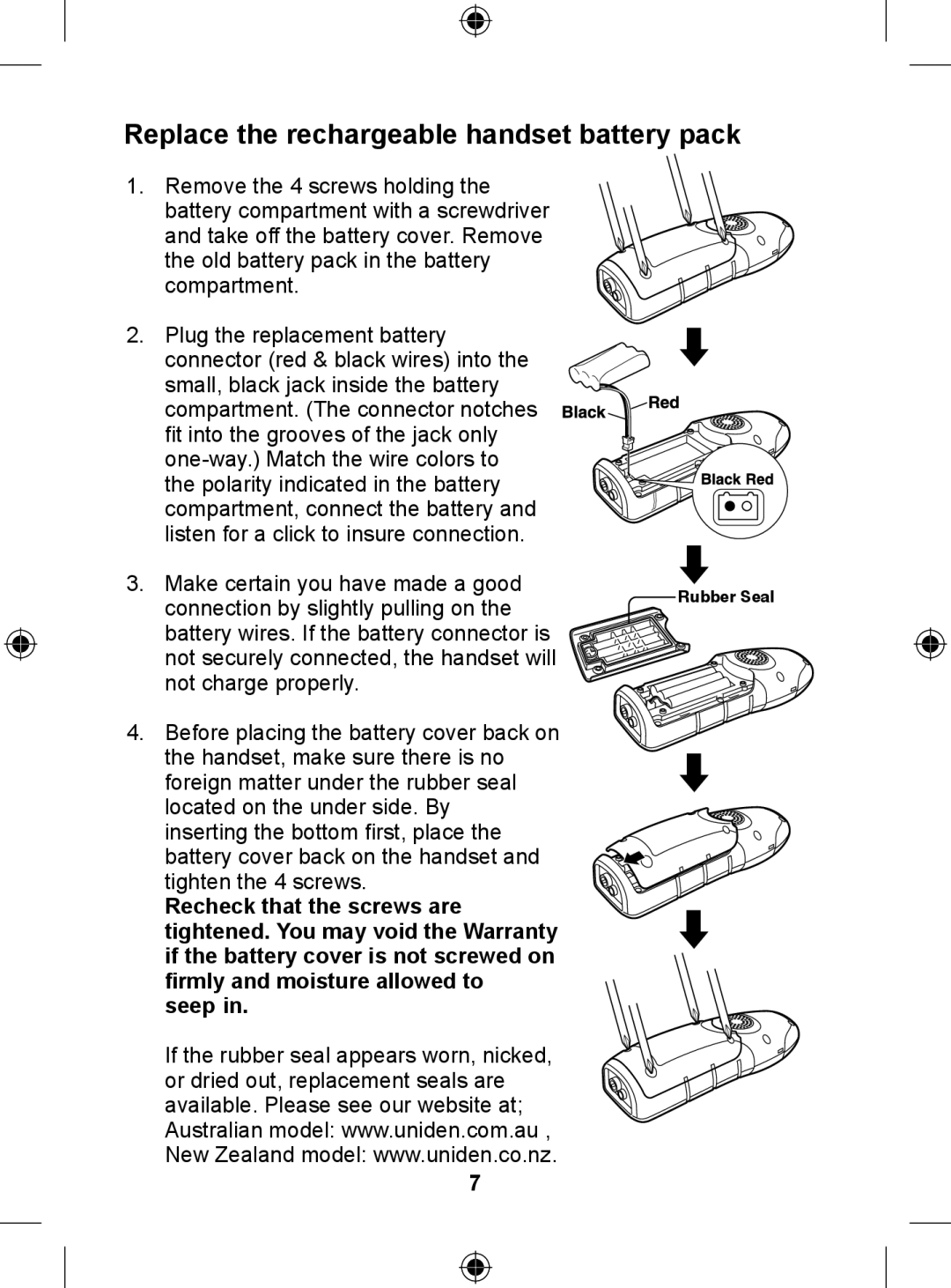 Uniden DSS 7805WP manual Replace the rechargeable handset battery pack 