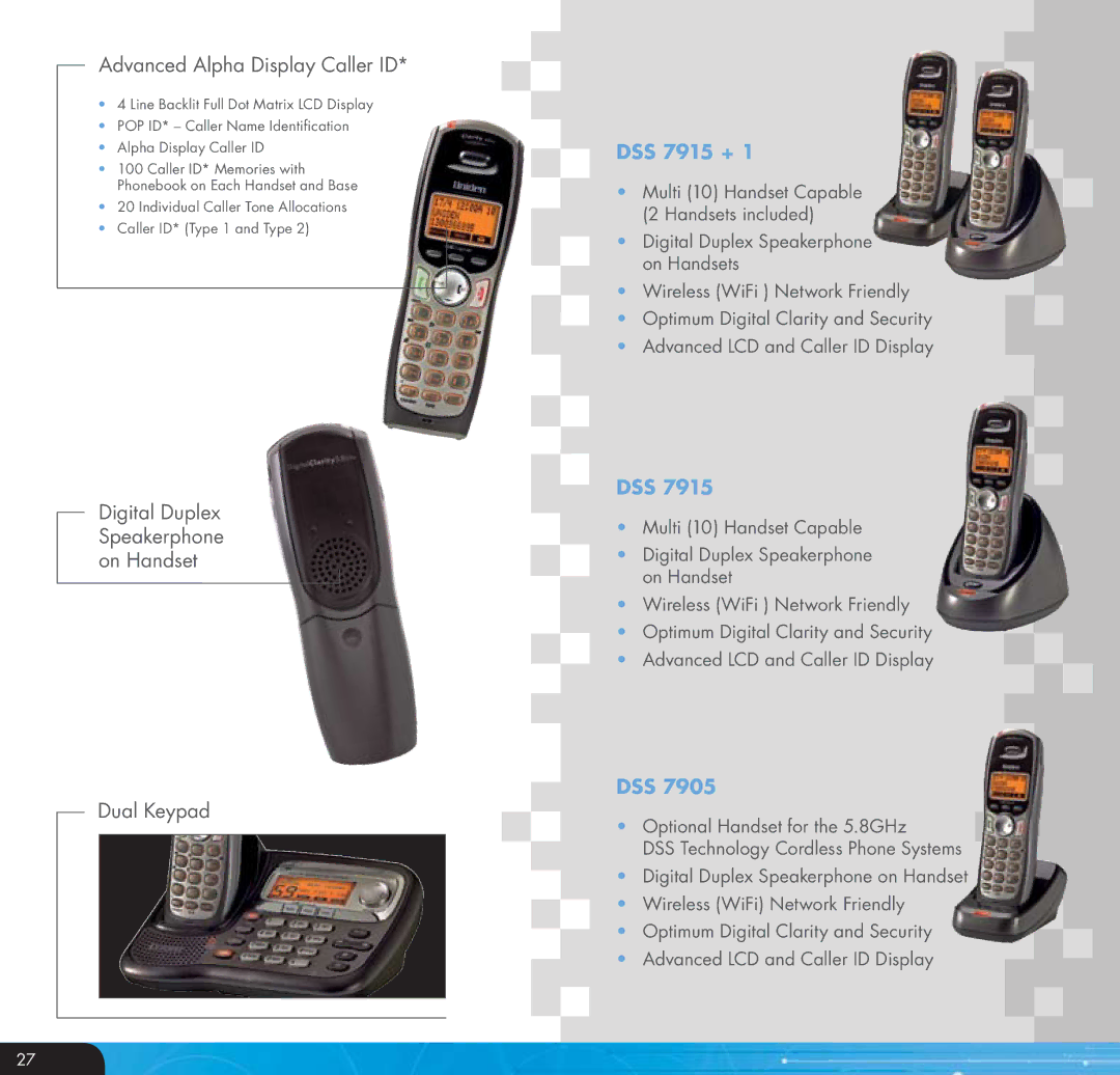 Uniden DSS 7915 + 1 WP, DSS 7955 + 1 WP, DSS 805WP manual Digital Duplex Speakerphone on Handset Dual Keypad 