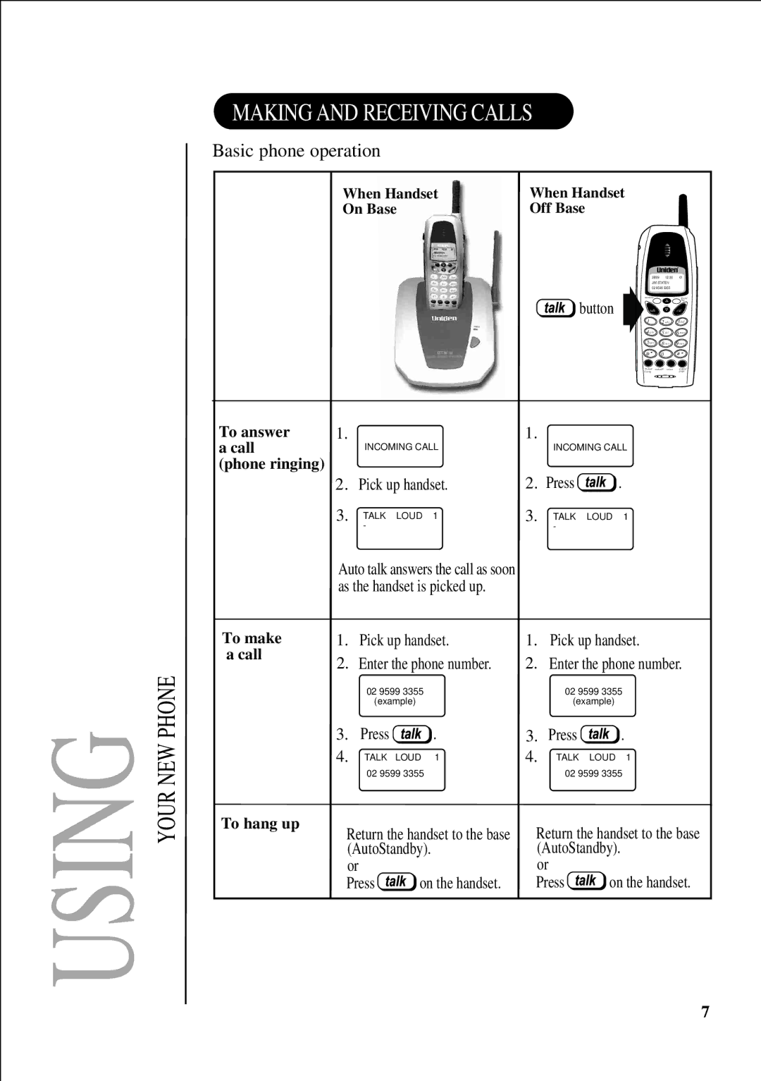 Uniden DSS2115 quick start Making and Receiving Calls, To answer a call Phone ringing, To make a call To hang up 