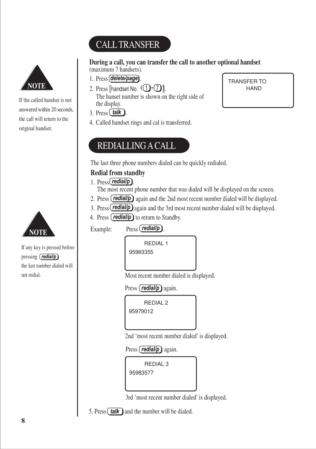 Uniden DSS2115 quick start Call Transfer, Redialling a Call, Redial from standby 