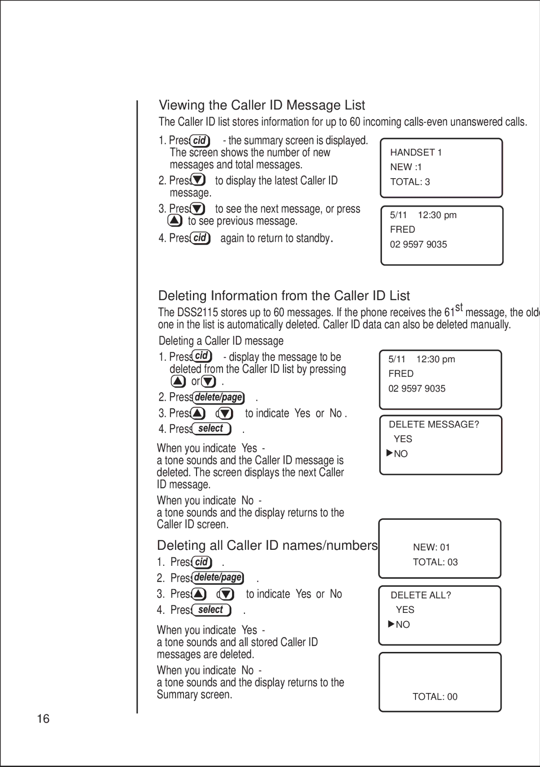 Uniden DSS2115 quick start Viewing the Caller ID Message List, Deleting Information from the Caller ID List 