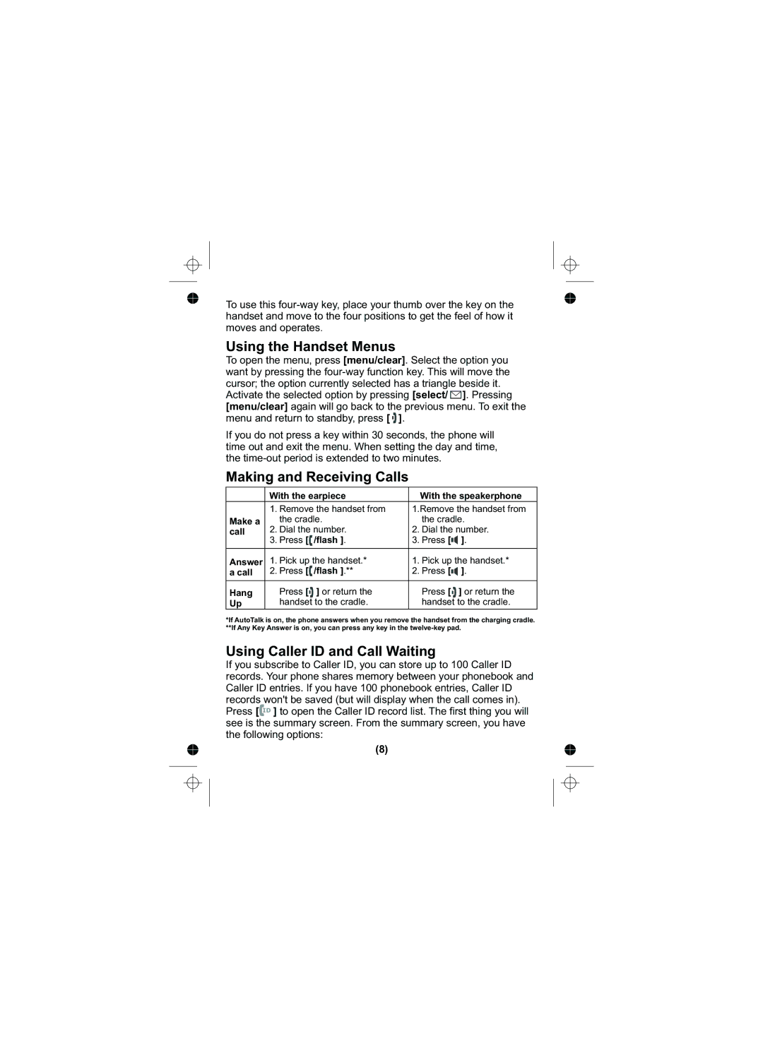 Uniden DSS3405 owner manual Using the Handset Menus, Making and Receiving Calls, Using Caller ID and Call Waiting 