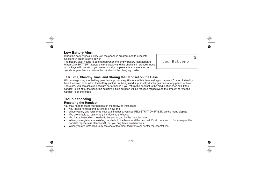 Uniden DSS3415+1 owner manual Low Battery Alert, Troubleshooting, Resetting the Handset 