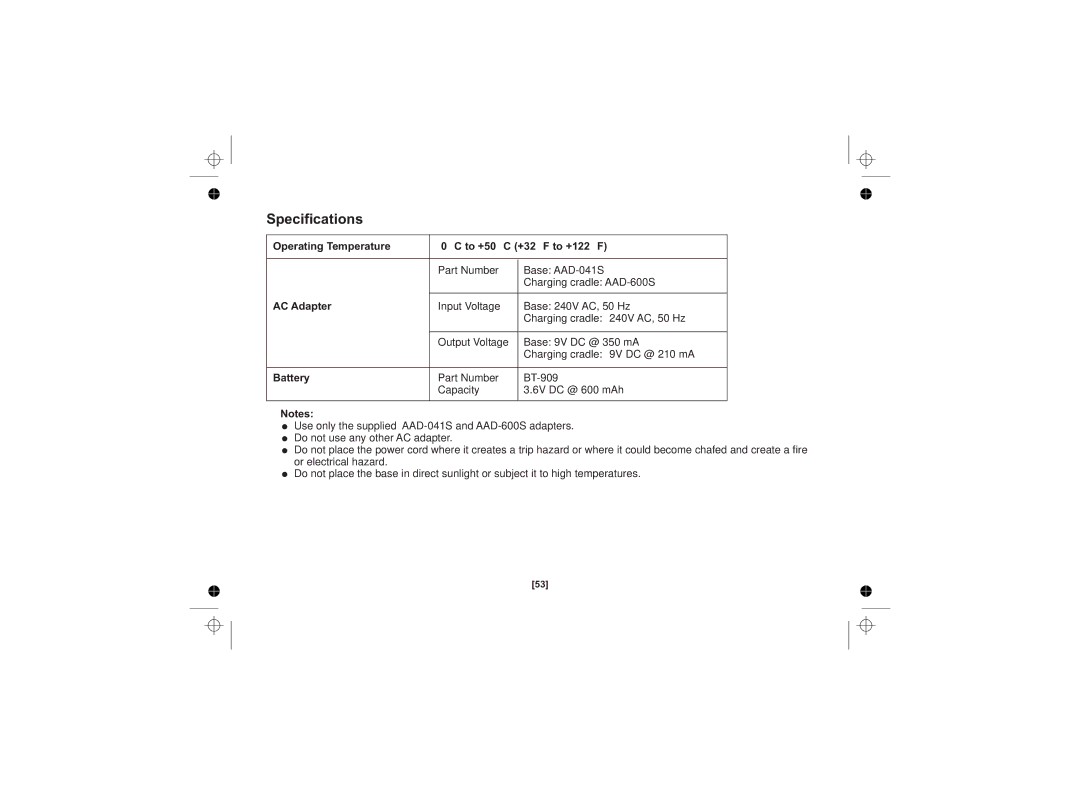 Uniden DSS3415+1 owner manual Specifications, Operating Temperature To +50 C +32 F to +122 F, AC Adapter, Battery 