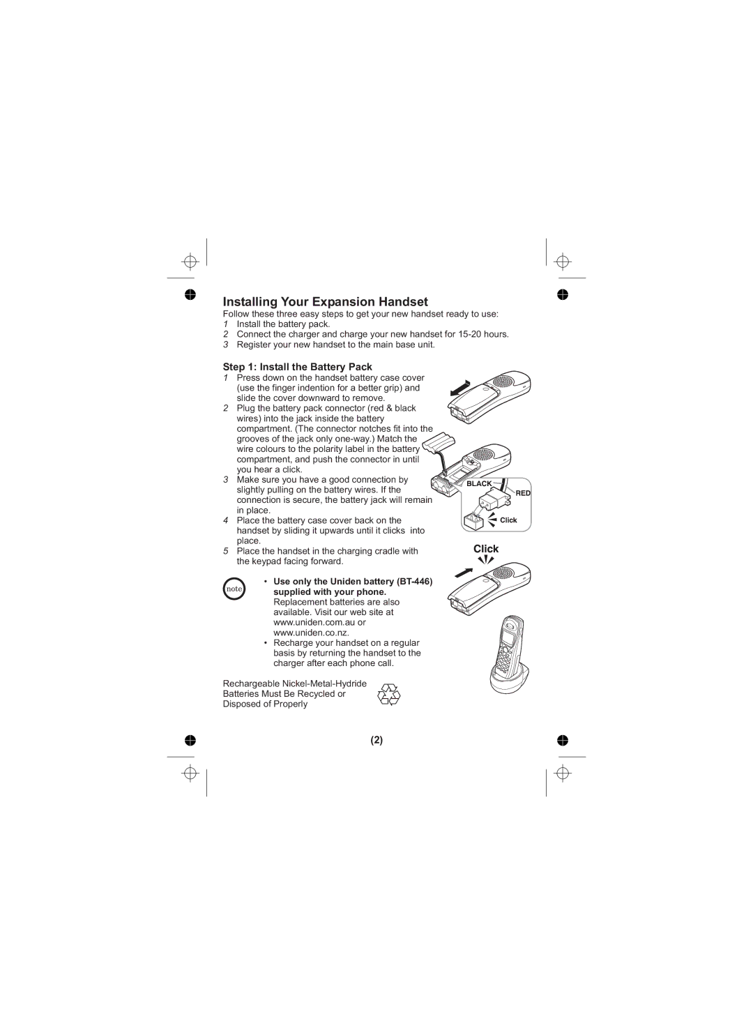 Uniden DSS7805 owner manual Installing Your Expansion Handset, Install the Battery Pack 