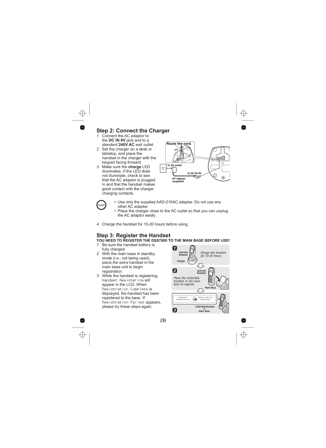 Uniden DSS7805 owner manual Connect the Charger, Register the Handset 