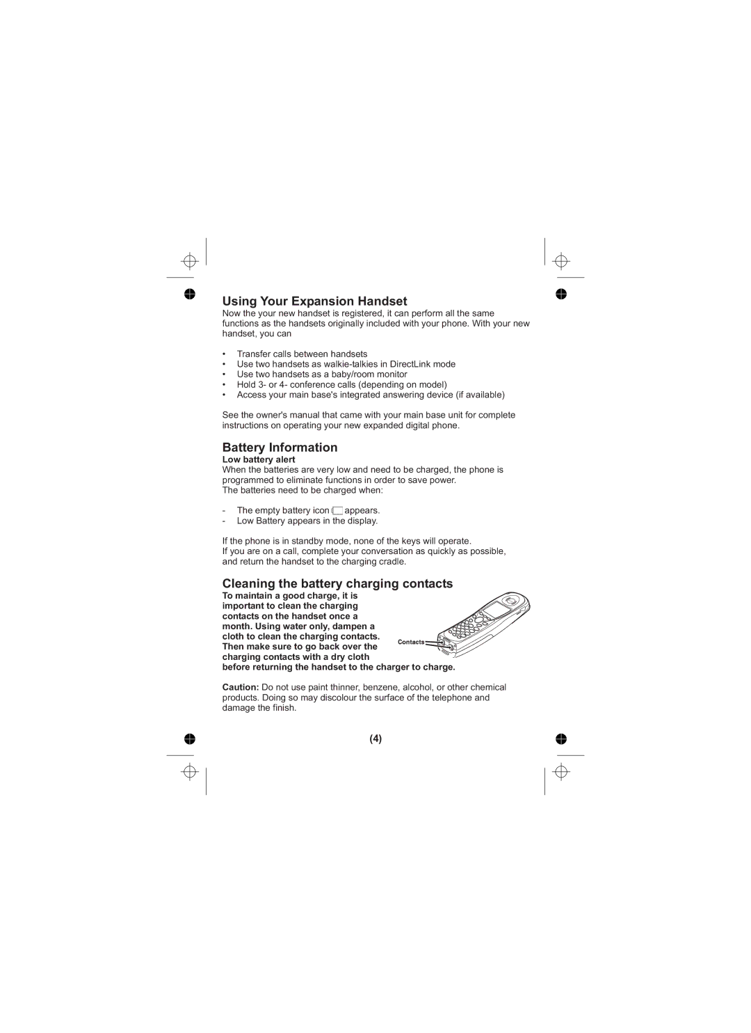 Uniden DSS7805 owner manual Using Your Expansion Handset, Battery Information, Cleaning the battery charging contacts 