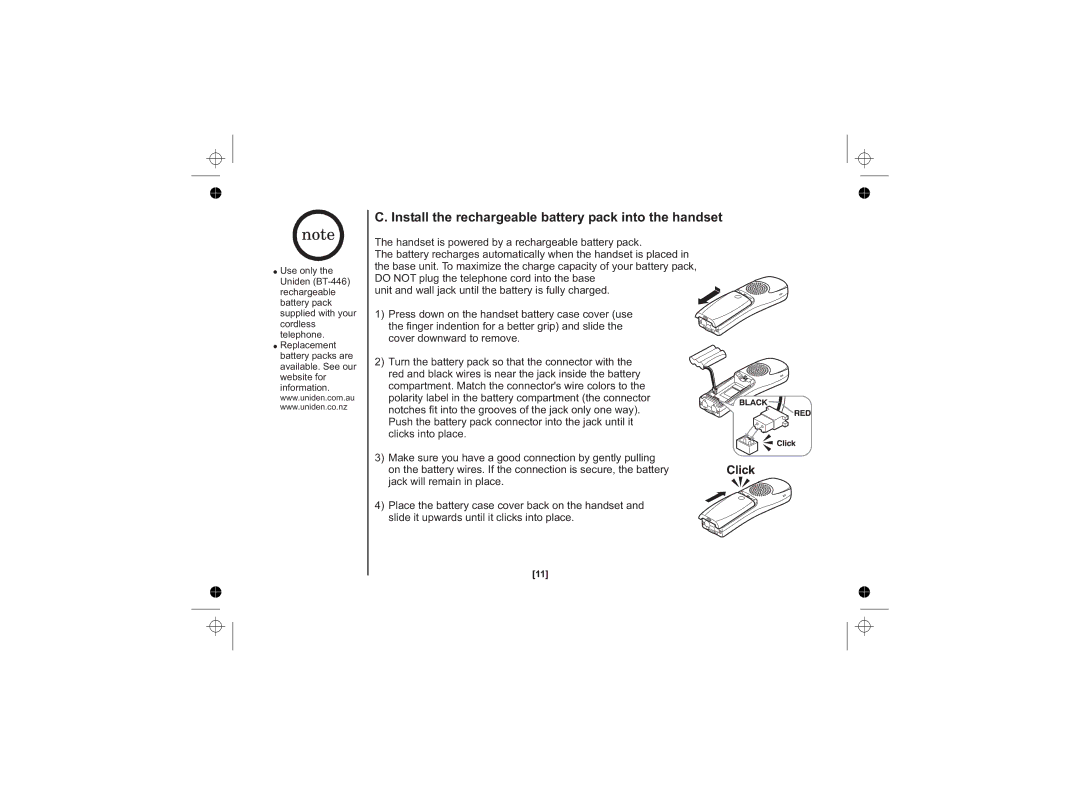 Uniden DSS7815 Series, DSS7815, DSS7815 +1 Series owner manual Install the rechargeable battery pack into the handset 