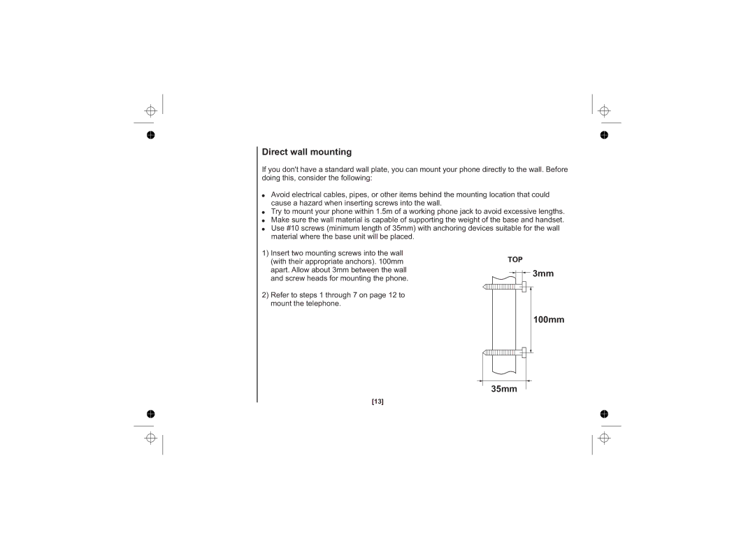 Uniden DSS7815 Series, DSS7815, DSS7815 +1 Series owner manual Direct wall mounting, 3mm, 100mm 35mm 